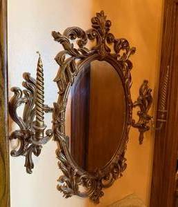 lot 131 image: Vintage Wall Mirror with Candle Holders - Ornate Gold Tone Frame