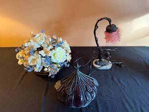 lot 133 image: Antique-Inspired Table Lamp with Pink Glass Shade and Decorative Metal Base