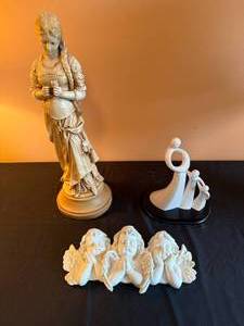 lot 134 image: VTG MARWAL Young Woman W Flowers Chalkware Sculpture & Circle of Love Motherhood Enesco Figurine & Angel Figurine