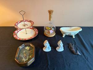 lot 135 image: Collection of Vintage Home Decor Items - Miniature Display, Angel Figurines, Floral Dish, and More