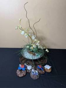 lot 142 image: Decorative Floral Arrangement with Aqua Gems and Accent Marbles