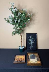 lot 144 image: Set of 3 Framed Art Pieces and Faux Flower Arrangement
