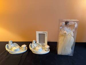 lot 161 image: Collection of Decorative Angel Figurine, Frame, and Candle Holders