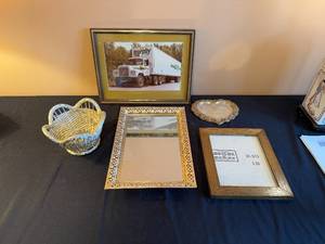 lot 165 image: Lot of 4 Vintage Decor Items Framed Truck Photo, Ornate Mirrors, and Woven Basket