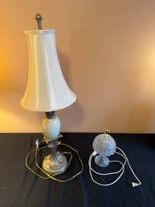 lot 166 image: Set of 2 Vintage Lamps One Tall Decorative with Cream Shade and One Small Glass Table Lamp