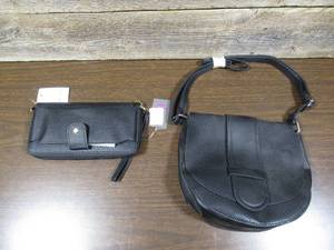 lot 138 image: Pair of Womens Cross Flap Crescent Shoulder Bag and Wallet-Black