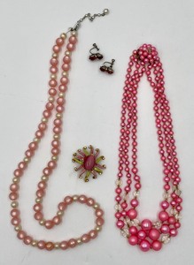 lot 151 image: Vintage Jewelry - Pinks - Earrings Brooch 2 Necklaces