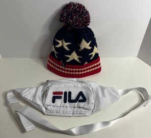 lot 284 image: Retro White FILA Fanny Pack Bag and Red White and Blue Star Beanie