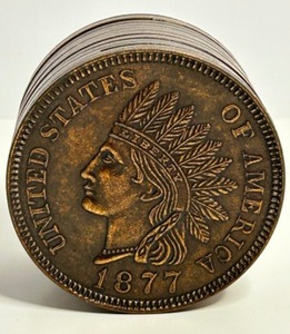 lot 63 image: Vintage 1877 Indian Head Penny Copper Bank Container