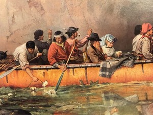 lot 178 image: Vintage Print Canoe Manned by Voyageurs Passing a Waterfall by Frances Anne Hopkins