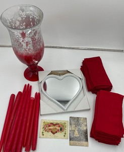 lot 164 image: Red and Heart Decor Galore - Hurricane Candle Holder, Antique Postcards, Mirror and More