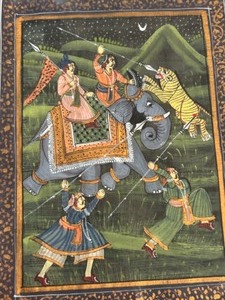 lot 85 image: Framed Original Hand Painting of Tiger Hunt on an Elephant Scene Asian Painting