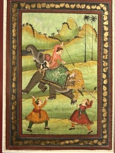 lot 86 image: Framed Original Hand Painting of Tiger Hunt on an Elephant Scene Asian Painting
