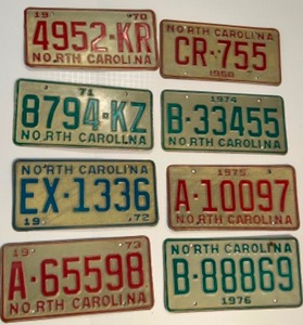 lot 96 image: Vintage 70s NORTH CAROLINA Raised Number Metal Auto License Plates - Qty 8