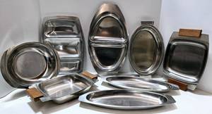 lot 228 image: Mid Century Stainless Steel Serving Pieces - Qty. 8
