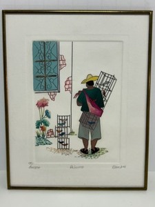 lot 311 image: Framed Colorful Art Print of a Bird Keeper Pajarero by Block #150 out of 200 Artwork