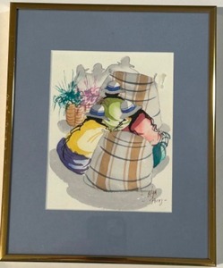 lot 316 image: Vintage Original Watercolor PERUVIAN Market Scene by Olga Perez Framed & Matted