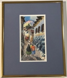 lot 44 image: Vintage PERUVIAN Original Framed & Matted WATERCOLOR Painting on Paper