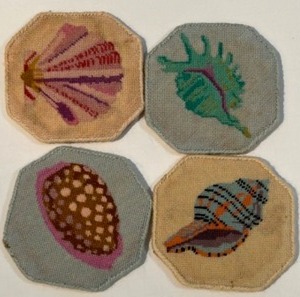 lot 41 image: Vintage Hand Stitched NEEDLEPOINT Nautical Shell Petit Point COASTER Set of 4