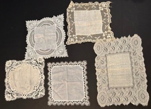 lot 35 image: Antique Handmade & Machine Made Lace Wedding Handkerchiefs - Qty 5