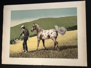 lot 34 image: Mel Hunter 1974 Signed Limited Edition Lithograph Appaloosa Horse and Cowboy