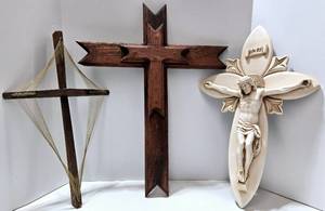 lot 237 image: Vintage Wood Crosses and Plaster INRI Crucifix - Qty 3