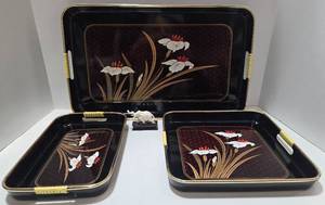 lot 218 image: Vintage Set LacquerWare Trays & Elephant Figurine  