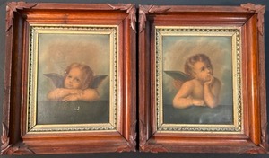lot 5 image: Pair of Late 19th Century Northern Italian Cherub Oil Paintings on Canvas