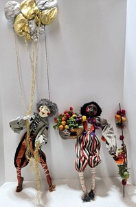 lot 241 image: Set of Vintage Clown Dolls  Jesters Carrying Balloons & Fruit Basket 