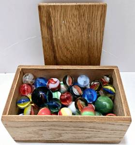lot 246 image: Vintage MARBLES in Handmade Wood Box - Qty 70
