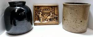 lot 251 image: 2 Vintage Stoneware Crocks & Arthur Osborne Wall Plaque
