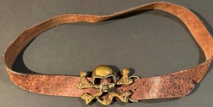 lot 334 image: Rhinestone Accented Bronze SKULL & BONES Buckle BLACK & BROWN London Leather Belt Sz L