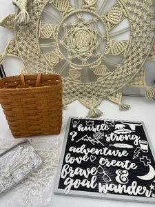 lot 174 image: Wall Hanging Trio - Macrame Hoop, Longaberger Basket and Letter Board
