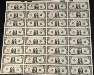 lot 4 image: FEDERAL RESERVE NOTE 1981 Uncut Sheet 32 $1.00 One Dollar Bills Uncirculated