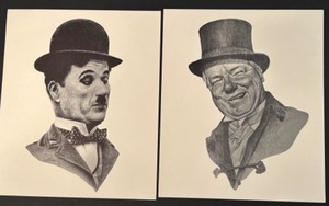 lot 330 image: Vintage Pair of Black & White Sketch Prints of W.C. FIELDS & CHARLIE CHAPLIN by Bill Bates
