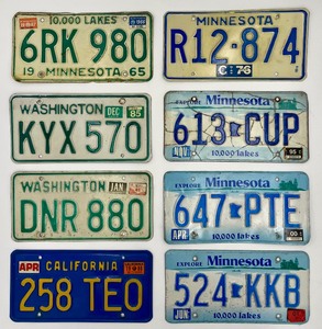 lot 125 image: Vintage CALIFORNIA WASHINGTON MN Raised Number Metal Auto License Plates - Qty 8