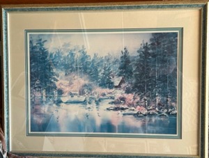 lot 336 image: Framed Print by LOU ROMAN Minnesota Watercolor Artist Sailboat near Cabin