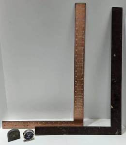 lot 263 image: 2 Vintage Framing Squares & 2 Measuring Tapes