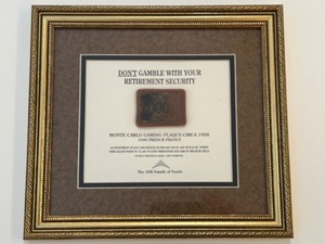 lot 333 image: Rare Framed Business Picture w MONTE CARLO Gaming Plaque from 1926 Worth 1000 French Francs