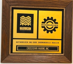 lot 338 image: Vintage Dealers Plaque for Halvorson & Bombardier ( SKIDOO) Snowmobiles Wall Decor Framed
