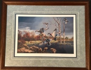 lot 339 image: Framed & Matted DAVID MAASS Duck Print  Autumn Haven - Wood Ducks Signed by Artist