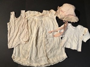 lot 46 image: Antique BABY CLOTHES - Linen Gown, Silk Tank, Ruffled Bonnet & Cotton Tee