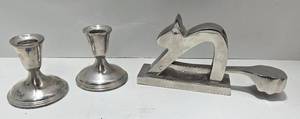 lot 269 image: Pair of EMPIRE Sterling Silver Candle Holders  CRATE & BARREL Squirrel Nutcracker