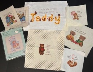 lot 189 image: Vintage TEDDYBEAR Cross Stitched Finished Pieces & One Craft Kit - Qty 8