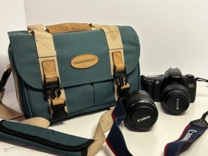 lot 11 image: Canon EOS Rebel G 35mm SLR Film Camera with 28-80mm  80-200 Zoom Lenses, Strap & Bag
