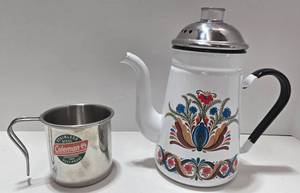 lot 277 image: Vintage BERGGREN Scandinavian Coffee Pot & Coleman Camp Mug