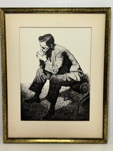lot 194 image: MCM Original Scribble INK DRAWING  Thinking Man by Yugoslavia Artist Louis Schetterlein Framed