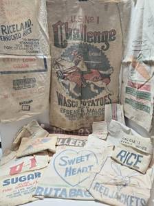 lot 192 image: Collection of Vintage Potatoes, Rice, Sugar Burlap & Cotton Sacks