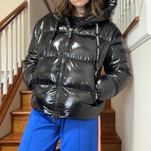 lot 354 image: ELEVEN ELFS Black Hooded Shiny Puffer Jacket W Zipper Pockets Retail $650
