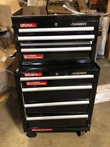 lot 1 image: Husky Standard Duty 4-Drawer Rolling Tool Cabinet and Top Tool Chest  in Gloss Black Damaged No Keys Customer Returns See Pictures